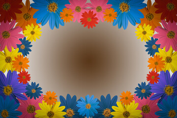 Obraz premium Vibrant multicolored floral frame with layered daisies in blue, yellow, orange, red, pink, and purple, surrounding a soft blurred center ideal for text or designs.