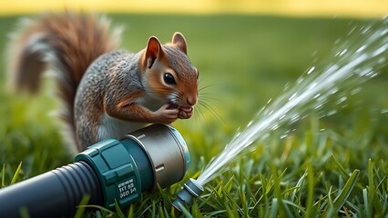 specious. A squirrel chewing on a garden hose with water spraying on the lawn. wildlife magazines, conservation campaigns, designed for eco-tourism storytelling, promotes animal welfare.