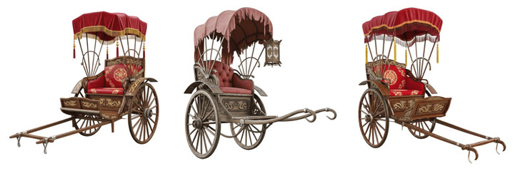 Vintage Horse Drawn Carriage Set with Three Classic Royal Designs Isolated on White Background