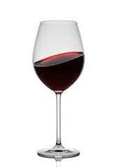 A long-stemmed crystal wine goblet filled with ruby red wine, impeccably polished, on a pure high-key white studio background with negative space for luxury beverage advertising concept