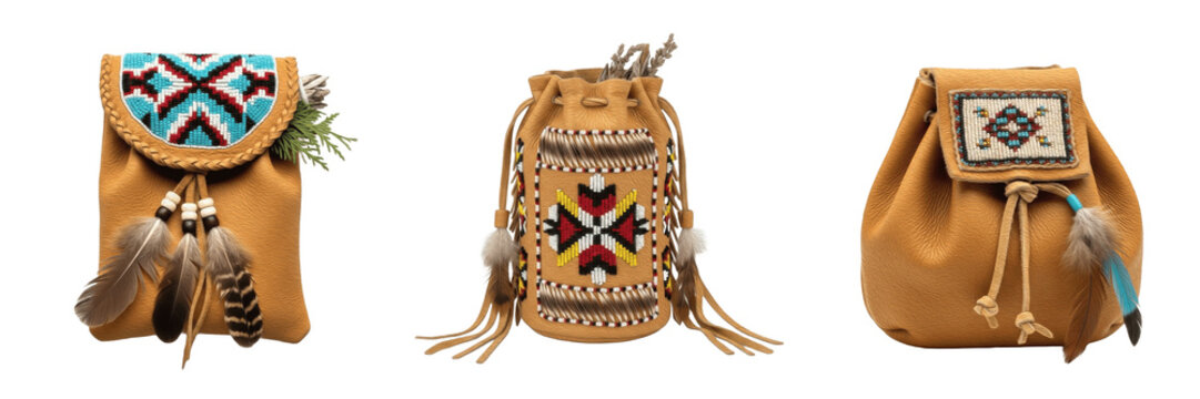 Set of traditional Native American leather medicine bags with tribal beadwork and feathers isolated on white background.