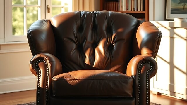 indented. A wide, soft leather armchair in a sunlit study, cozy and inviting atmosphere. lifestyle magazines, social media lookbooks, designed for influencer and brand collaborations.