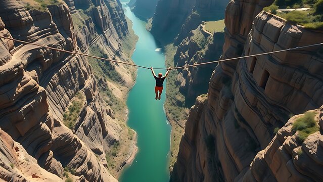 disharmony. Bungee jumper leaping from cliff over river, dramatic canyon landscape. travel magazines, destination branding, designed for outdoor magazines and nature guides.
