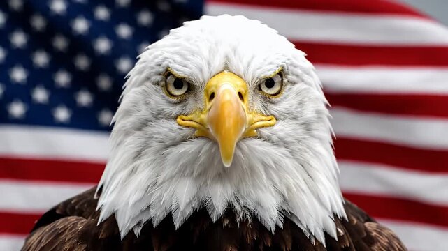 A majestic bald eagle staring with patriotism in a close-up with an American flag.