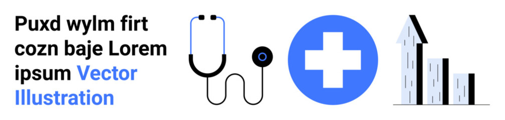 Fototapeta premium Healthcare, medical services, growth, analysis, diagnostics, data trends. Stethoscope, medical cross and a rising chart illustration. Healthcare and medical services growth conceptual design
