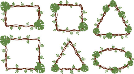 Hand drawn wooden vine frames with green leaves vector set for natural border design © REYAD