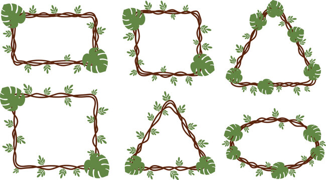 Hand drawn wooden vine frames with green leaves vector set for natural border design
