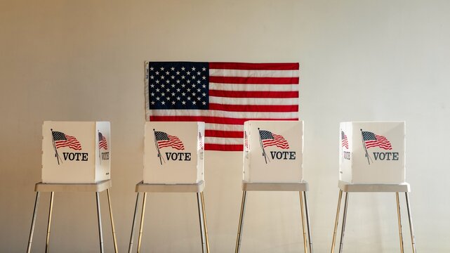 Voting booths with American flags, U.S. elections booths. U.S. flag in the background. Election voting booths with American flags ready for people, American election. Election setup with voting booths