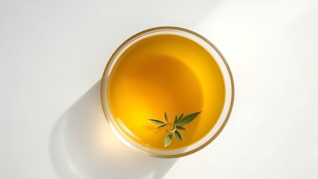 probity. A single bowl of golden consomme with a delicate herb leaf, minimalist and pure. menu design, packaging mockups, designed for food delivery and cloud-kitchen brand materials.