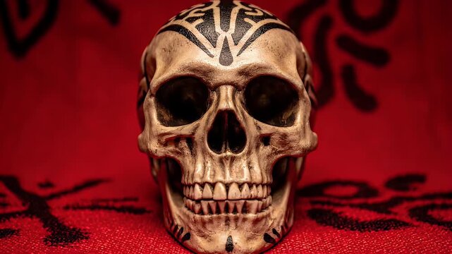 A human skull with a black tattoo rests on a red fabric with a dark symbol.