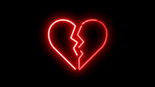 A glowing red neon sign of a broken heart isolated on a black background.