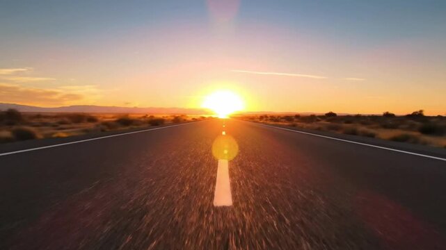 A long straight asphalt road extends into the distance at sunset centered on a bright sun above a desert landscape with sparse vegetation and distant mountains