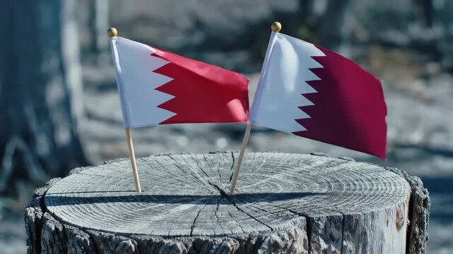Displaying National Flags of Bahrain and Qatar on Wood Stump