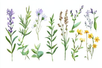 Fototapeta premium Hand drawn watercolor set of herbs, wildflowers and spices arranged in a natural layout for use in various projects