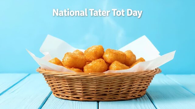 Hot tater tots with steam in a basket on a blue table for a food holiday.