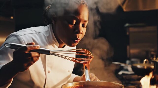 Chef in kitchen preparing food with whisk and flames