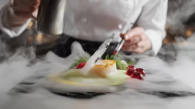 Chef plating exquisite dish in professional kitchen presentation