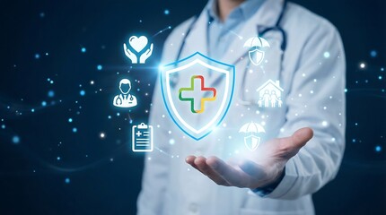 Doctor holding glowing healthcare shield with medical icons for protection and innovation in futuristic digital space