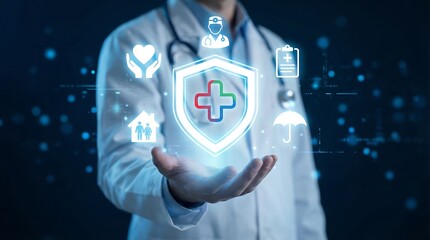 Doctor holding glowing digital healthcare cross icon with futuristic medical technology holograms and data visualization