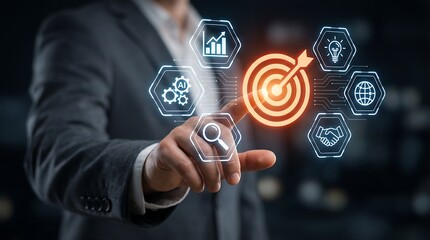 Businessman selecting target goal with digital marketing icons and growth strategy hologram in dark office background