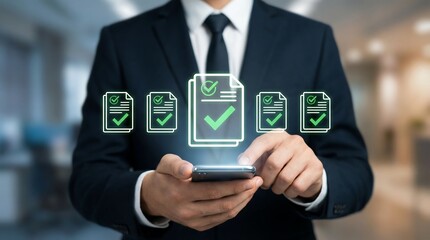Business professional holding smartphone with digital success icons and green checkmarks in modern office environment