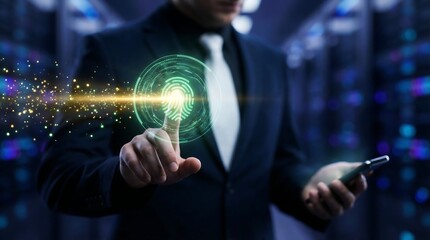 Business professional touching digital innovation interface with futuristic technology and glowing network effects in dark office