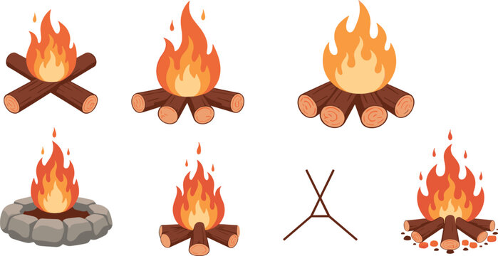Large set of vector campfire icons with burning orange fire flames and wooden logs for outdoor adventure design.