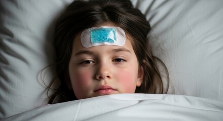 Ailing Child Resting with Cooling Patch on Forehead in Bed.