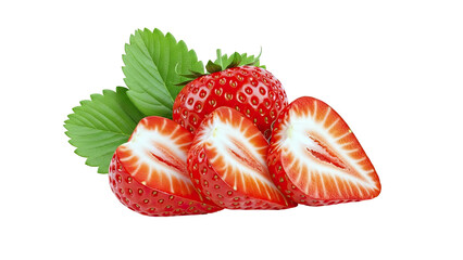 Whole and Halved Strawberries with Green Leaves