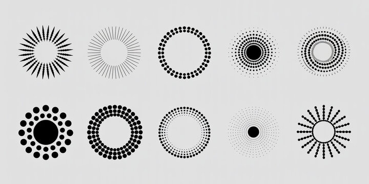 Abstract halftone circle shapes set in black and white minimalist style for graphic elements collection with radial dot patterns