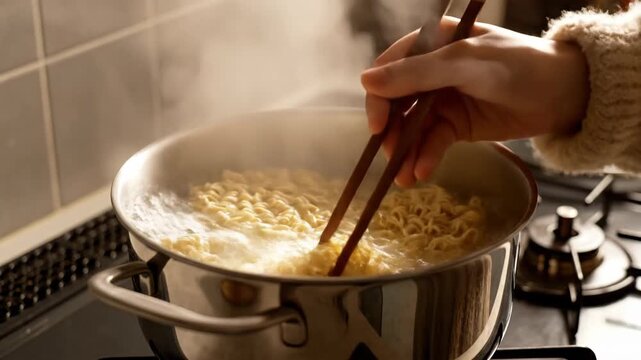 Cooking noodles in a pot with chopsticks on a gas stove