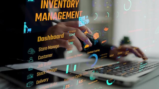 Inventory management dashboard showing supply chain performance, stock levels, order cycle times, cost reduction, and procurement ROI. Inventory tracking, and streamline warehouse efficiency. Thunk