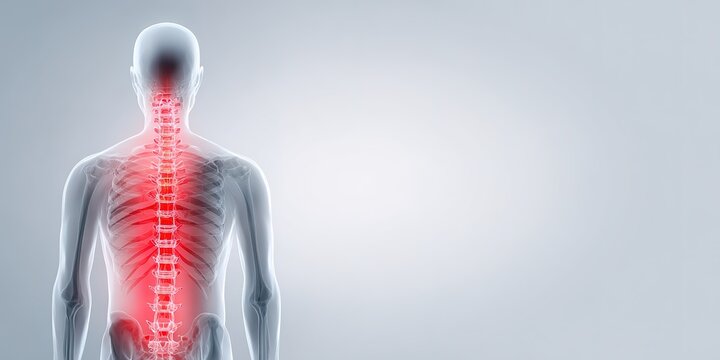 Conceptual 3D illustration of human spine with glowing red inflammation points