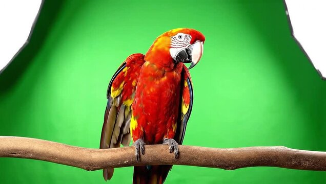 Vibrant parrot perched on wooden branch against green studio background, viewed from the side, showcasing its bright plumage and strong beak in a calm atmosphere