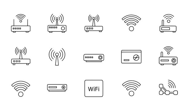 Minimal router and Wi-Fi outline icon set for wireless network and internet UI
