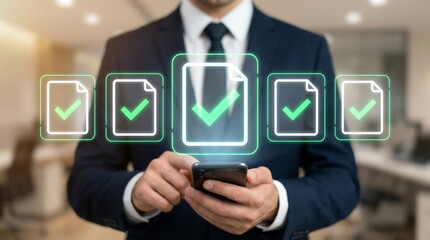 Business professional holding smartphone with success checkmarks in glowing digital interface for corporate achievement and goal completion