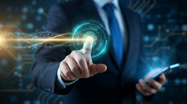 Business professional touching digital fingerprint security interface with technology - Powered by Adobe
