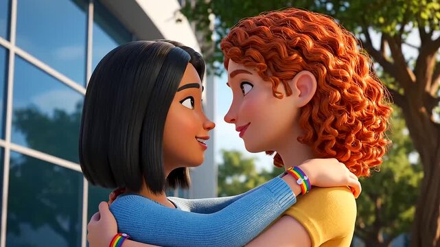 Cute animated couple embracing during Pride Month, symbolizing LGBTQ+ love, acceptance, and diversity in a heartwarming outdoor scene.
