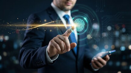 Business professional touching digital fingerprint security interface with futuristic technology and global network hologram
