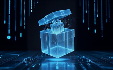 Blue holographic gifts float in digital space, glowing with futuristic light effects.