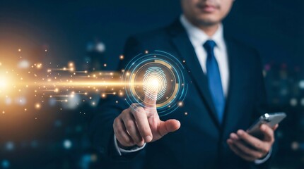 Business professional touching digital fingerprint security interface with futuristic technology