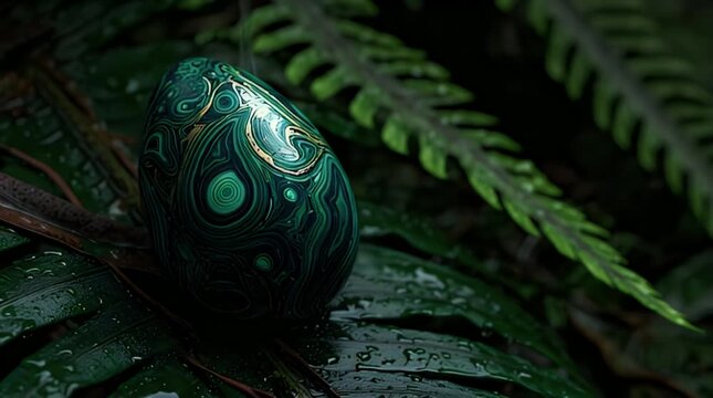 A polished malachite egg rests on lush green foliage with intricate swirling patterns visible