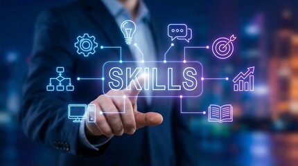 Business professional selecting skills development icons on futuristic digital interface with glowing neon elements and innovation concepts