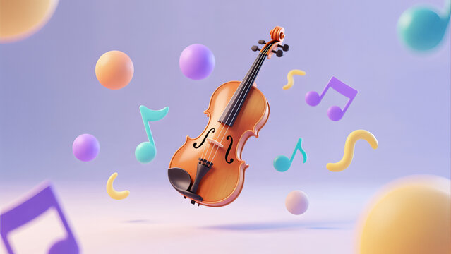 classic wooden violin floating purple background colorful music notes orchestral string instrument professional performance melodic sound artistic composition
