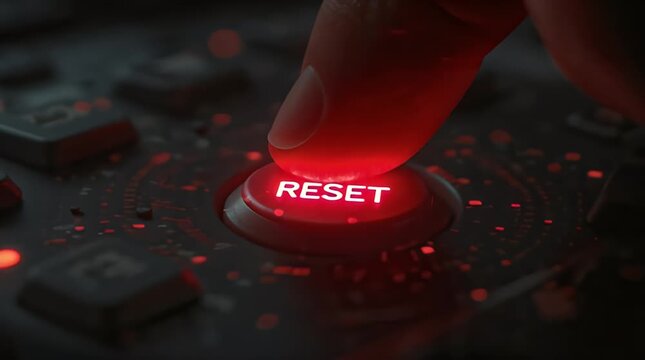 Close-up of a finger pressing a glowing red reset button on a dark electronic device, symbolizing a new beginning