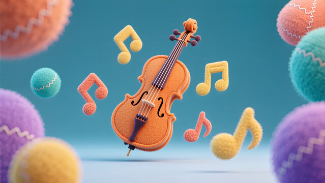 fuzzy orange violin musical notes blue background soft texture creative artistic composition whimsical string instrument melodic sound design