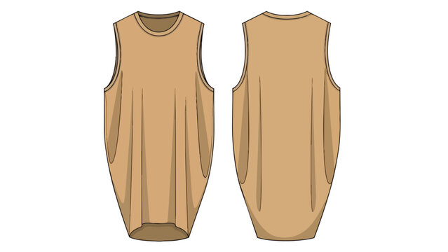 Technical flat sketch of a women's sleeveless tunic with dropped armholes and curved hem, essential for modern apparel design and pattern creation