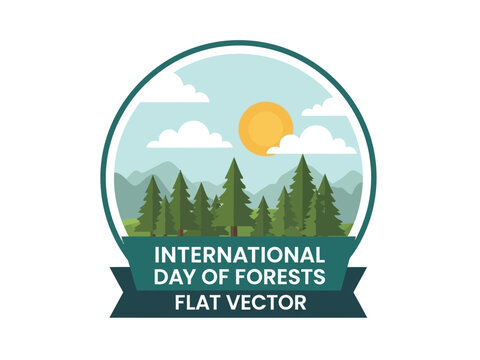 Celebrating International Day of Forests with a serene landscape illustration featuring trees, mountains, and a sunny sky
