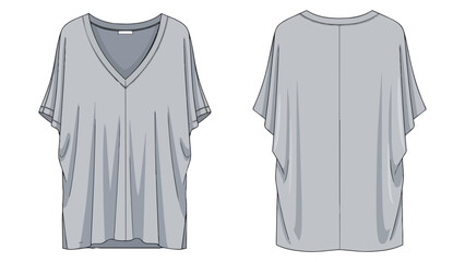Technical flat sketch illustrating a loose-fitting women's V-neck top with stylish dolman sleeves, showcasing both front and back views for fashion