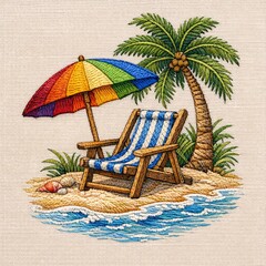 Embroidered beach scene with a chair, umbrella, and palm tree.